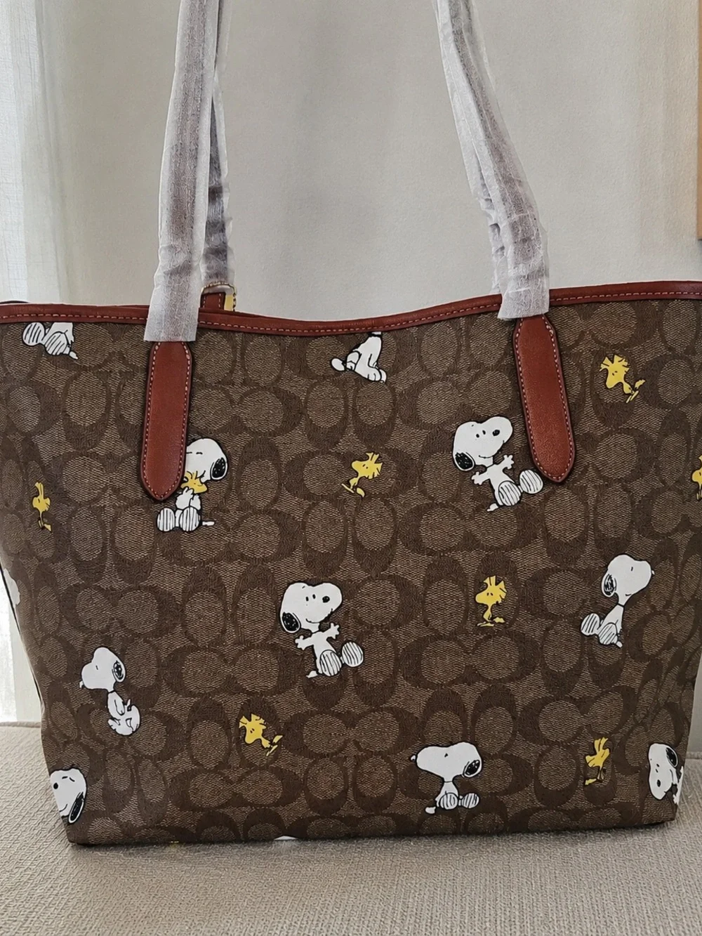 Coach Brown Signature Snoopy Tote with Yellow Woodstock Accents